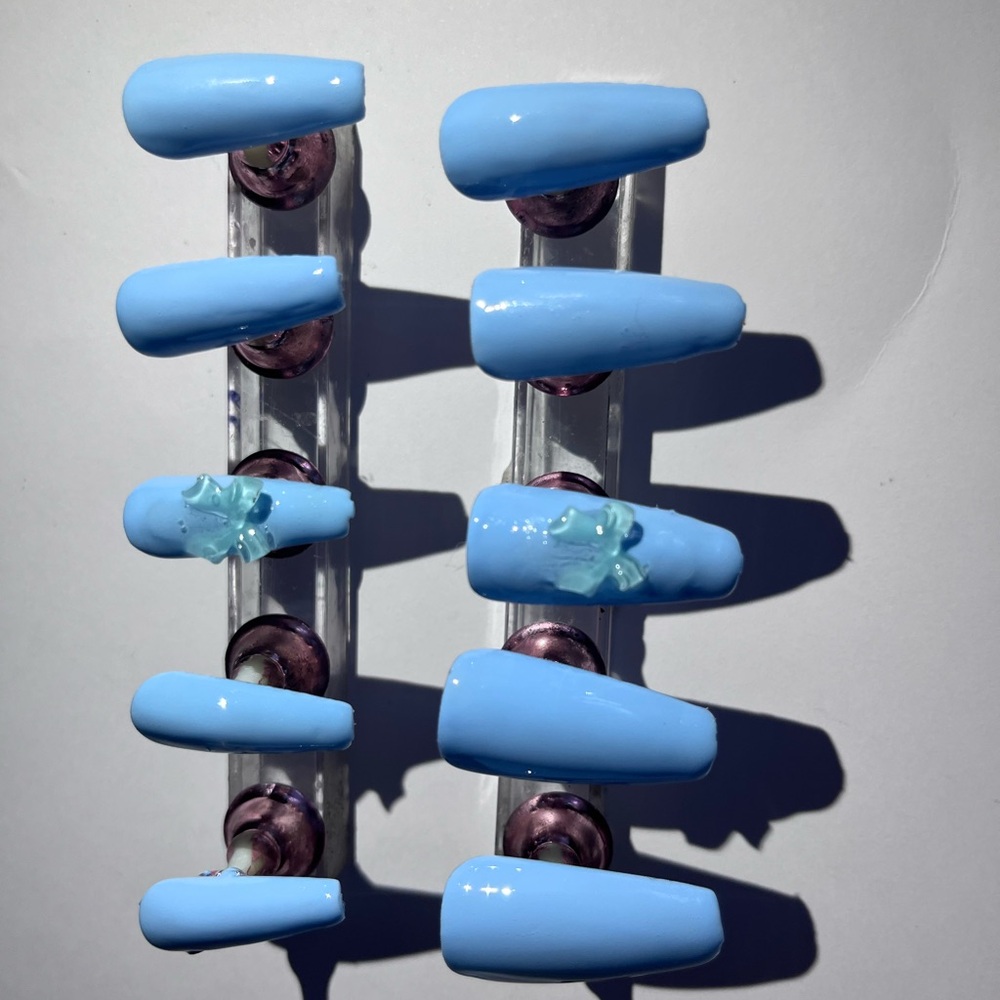 Sky Blue Acrylic Press-On Nail Set with 3D ribbon Accent